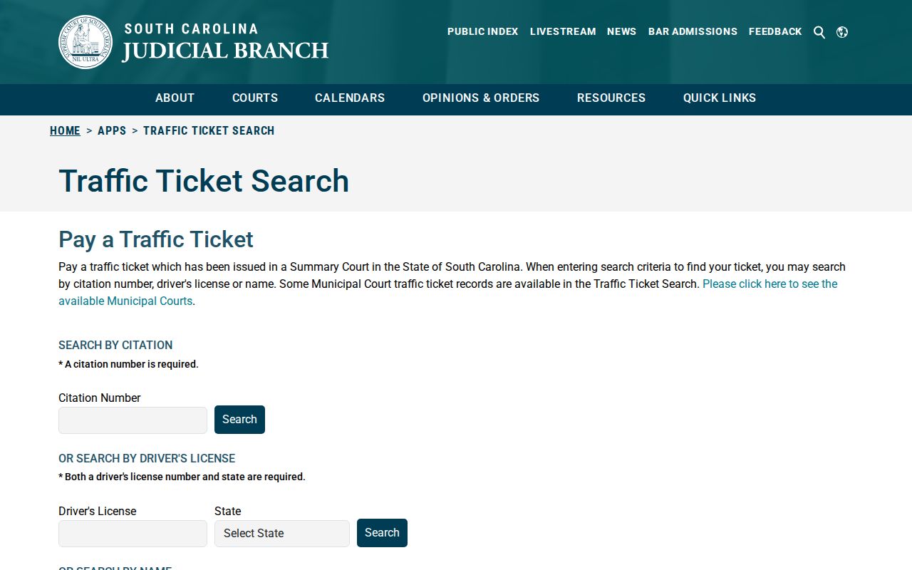 Union County traffic warrant search, South Carolina ticket-search fields
