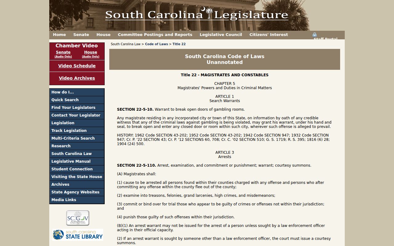 Union County arrest warrant lookup, South Carolina Title 22 warrant law